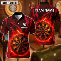 Maxcorners Personalized Name Dart Polo Shirt, Dragon With Flame Dartboard Design ,Custom Team Shirt for Men, Gift for Darts Players Red TU1809