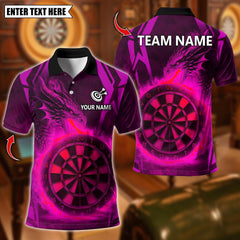 Maxcorners Personalized Name Dart Polo Shirt, Dragon With Flame Dartboard Design ,Custom Team Shirt for Men, Gift for Darts Players Pink TU1809