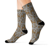 Maxcorners Golden Elk Pattern Sublimation Socks | Alpaca Repeat Print, Cozy Crew Length LM2611
