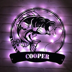 Maxcorners Custom Bass Fishing Metal Sign Fish Wall Art With LED Light