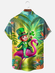 Maxcorners St. Patrick's Day Pygmy Hawaiian Flamingo Hawaiian Golf Shirt, St Paddy's Day Tropical Vibe Men's Golf Shirt