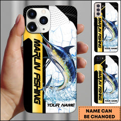 Maxcorners Marlin Fishing Phone Case Dynamic Splash Black Blue Contrast Design Personalized Name Phone Case