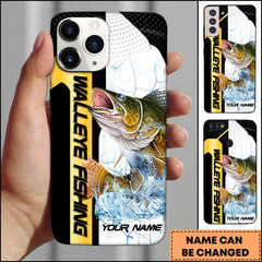 Maxcorners Walleye Fishing Phone Case Dynamic Splash Black Blue Contrast Design Personalized Name Phone Case