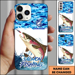 Maxcorners Salmon Fishing Phone Case Jumping Water Splash Blue Scale Pattern Personalized Name Phone Case