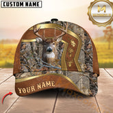 Maxcorners Deer Hunting Camo Forest Leather Curve Gold Trim Pattern Personalized Name 3D Cap (6 Colors)
