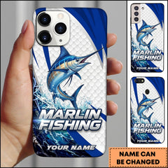 Maxcorners Marlin Fishing Phone Case Scale Texture White Blue Dynamic Wave Art Personalized Name Phone Case