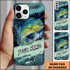 Maxcorners Mahi-Mahi Fishing Teal Honeycomb Water Burst Personalized Name Phone Case