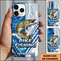 Maxcorners Pike Fishing Phone Case Circuit Board Tech Blue Sport Design Personalized Name Phone Case