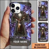 Maxcorners Hunting Phone Case Christian Cross Deer Faith Hunting Camo Design Personalized Name Phone Case | Purple