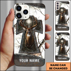 Maxcorners Hunting Phone Case Christian Cross Deer Faith Hunting Camo Design Personalized Name Phone Case | White