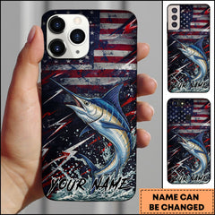Maxcorners Fishing Marlin USA Flag Splash Patriotic Art Personalized Name Phone Case