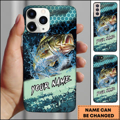 Maxcorners Bass Fishing Teal Honeycomb Water Burst Personalized Name Phone Case