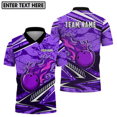 MaxCorners Bowling And Pins Purple Fire Customized Name, Team Name 3D Polo Shirt For Men