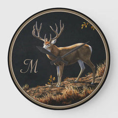 Maxcorners Mule Deer Buck Autumn Trophy Antlers Monogram Large Clock TU3012