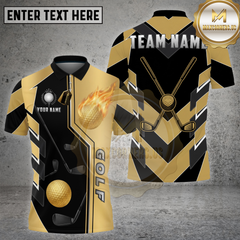 Maxcorners Golf Gold Black Fire Ball Dynamic Stripe Multi Options Personalized Name, Team Name 3D Shirt