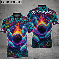 Maxcorners Bowling Shirt Neon Graffiti Bowling Flame Multioptions Personalized Name, Team Name Unisex 3D Shirt (4 Colors)