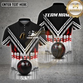 Maxcorners Bowling Shirt – Black White Red V-Stripe Strike Ball & Pins 3D Design – Multi Options Personalized Name, Team Name 3D Shirt