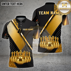 Maxcorners Bowling Shirt β Geometric Gold Black Pattern with Realistic Bowling Ball 3D Design β Personalized Name, Team Name Polo