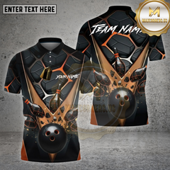 Maxcorners Bowling Shirt β Copper Hexagon Pattern with 3D Strike Ball & Pins β Personalized Name, Team Name 3D Shirt