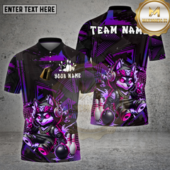 Maxcorners Bowling Shirt β Neon Cyber Wolf Cartoon with Bowling Pins & Ball β Multi Options Personalized Name, Team Name 3D Shirt