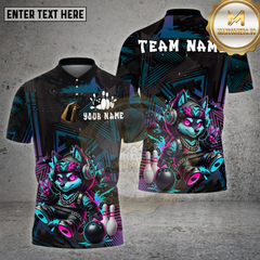 Maxcorners Bowling Shirt β Neon Cyber Wolf Cartoon with Bowling Pins & Ball β Multi Options Personalized Name, Team Name 3D Shirt