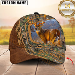Maxcorners Deer Hunting Landscape Frame Brown Leather Custom Name 3D Cap ( 6 colors)