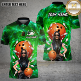 Maxcorners Bowling Shirt Gothic Girl Orange Ball Blue Galaxy Background Multi Options Personalized Name, Team Name 3D Shirt