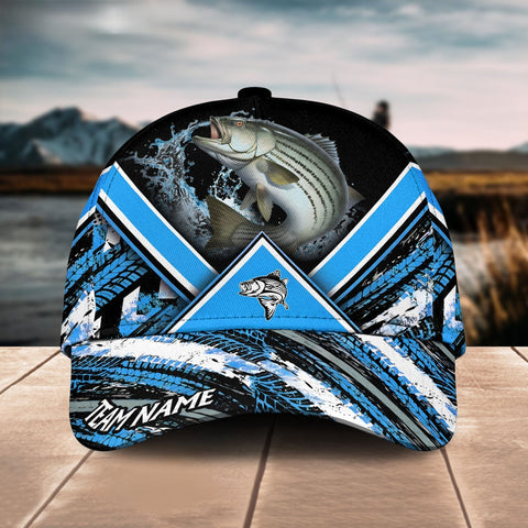 Maxcorners Striped Bass Fishing Blue Tire Triangle Pattern Sport Pattern Personalized Name 3D Cap