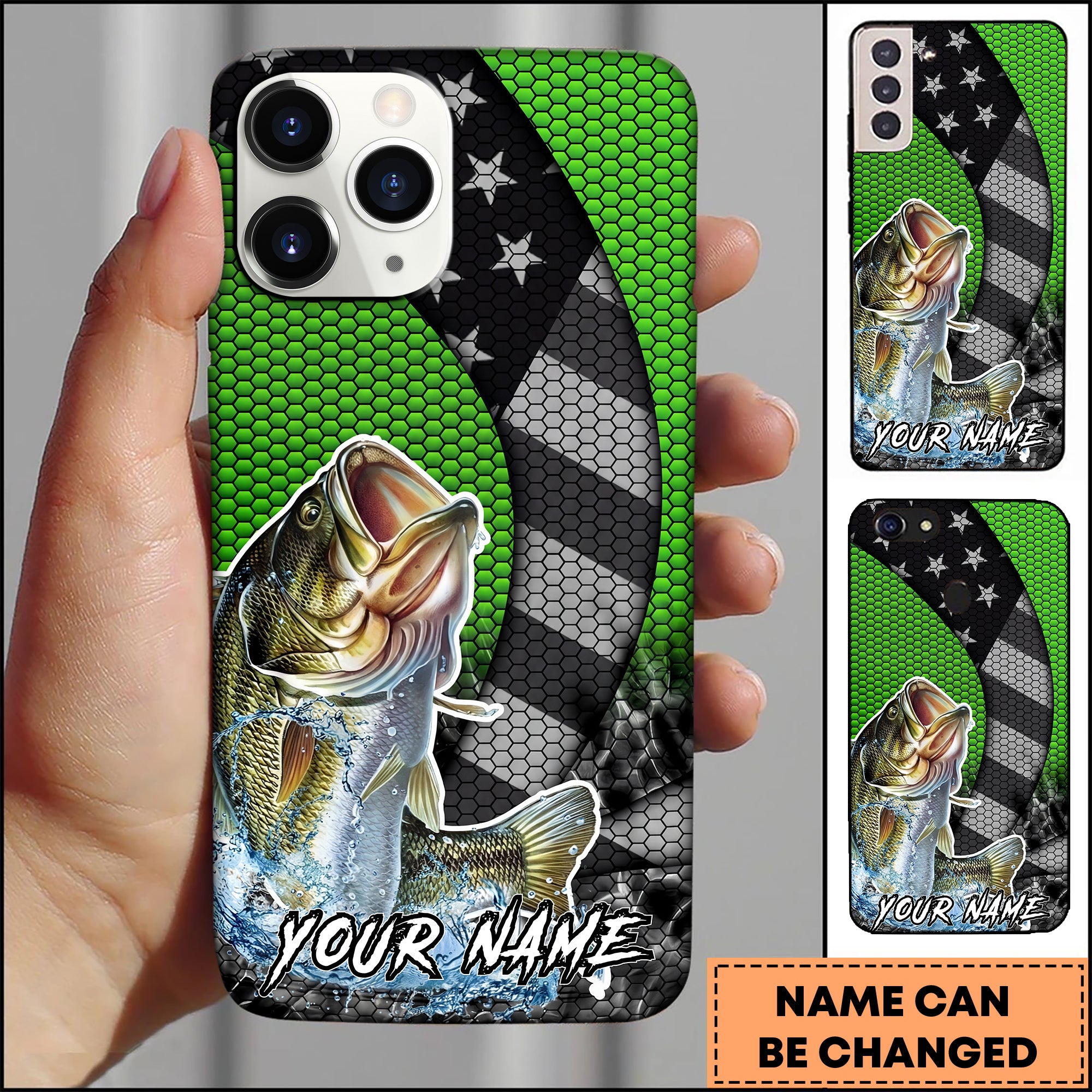 Maxcorners Bass Fishing Neon Green Honeycomb Wave Splash Personalized Maxcorners Bass Fishing Neon Green Honeycomb Wave Splash Personalized