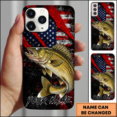 Maxcorners Fishing Walleye American Flag Patriotic Grunge Personalized Name Phone Case