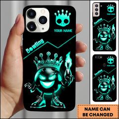 Maxcorners Bowling Phone Case Dark King Bowling Ball Blue Flame Luxury Art Personalized Name Phone Case | Cyan