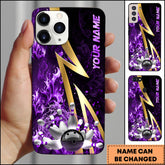 Maxcorners Bowling Phone Case Gold Lightning Bowling Strike Red Fire Background Personalized Name Phone Case | Purple