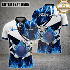 Maxcorners Bowling Shirt Blue Fire Storm Strike Multi Options Personalized Name, Team Name 3D Shirt