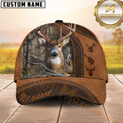 Maxcorners Deer Hunting Rustic Brown Leather & Center Camo Panel Pattern Personalized Name 3D Cap (6 Colors)