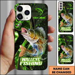 Maxcorners Walleye Fishing Green Flame Splash Golden Line Personalized Name 3D Phone Case