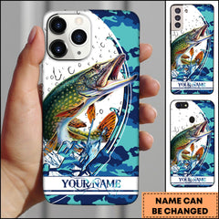 Maxcorners Pike Fishing Phone Case Jumping Blue Camo Water Splash Personalized Name 3D Phone Case