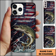 Maxcorners Fishing Pike USA Flag Splash Patriotic Art Personalized Name Phone Case