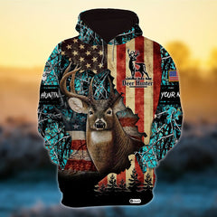 Maxcorners Personalized American Flag Deer Hunting Hoodies 3D