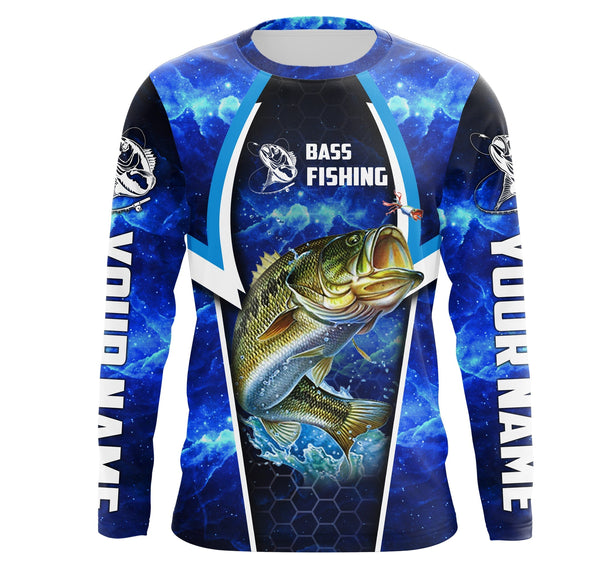 Maxcorner Bass Fishing Blue Galaxy Custom Long Sleeve Performance Fishing 3D shirt