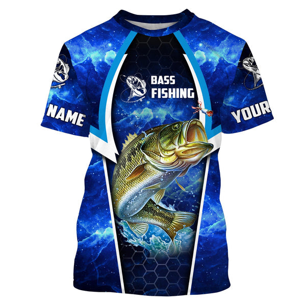 Maxcorner Bass Fishing Blue Galaxy Custom Long Sleeve Performance Fishing 3D shirt