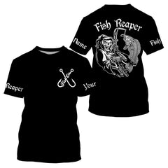 Black Fish Reaper Fish On Fish Skeleton Customize Name Unisex Fishing Shirt