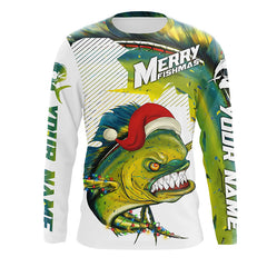 Max Corner Merry Fishmas Angry Mahi Mahi Custom Christmas long sleeve Fishing Shirts Personalized Christmas Fishing gifts