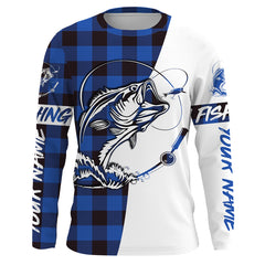 Max Corner Bass Fishing Fall Blue Plaid Custom Long Sleeve Fishing Shirts Personalized Christmas Fishing gifts