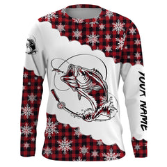Max Corner Bass Fishing Red Plaid Snow Pattern Custom Long Sleeve Fishing Shirts Personalized Christmas Fishing gifts