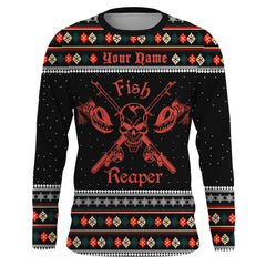 Max Corner Fishing Fish Reaper Ugly Sweater Pattern Custom Long sleeve Fishing Shirts Personalized Christmas Fishing gifts