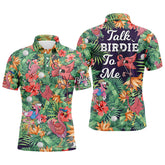 Max Corner Funny Mens golf polo shirt custom green tropical flower flamingo golf shirts talk birdie to me