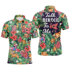 Max Corner Funny Mens golf polo shirt custom green tropical flower flamingo golf shirts talk birdie to me