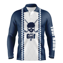 Max Corner Just golf it Mens golf polo shirt blue and white golf skull custom name golf gifts for men