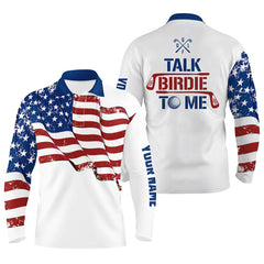 Max Corner Funny Mens golf polo shirt custom American flag patriotic white golf shirts talk birdie to me