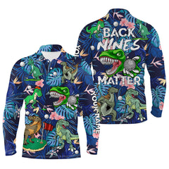 Max Corner Funny Mens golf polo shirt custom blue tropical flower Dinosaur golf shirts back nines matter